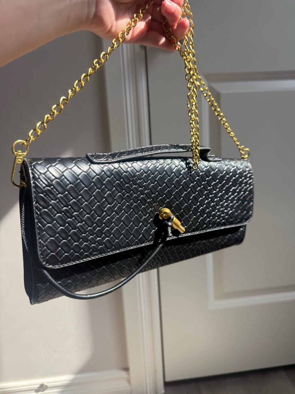 Black Woven Leather Shoulder Bag with Gold Chain